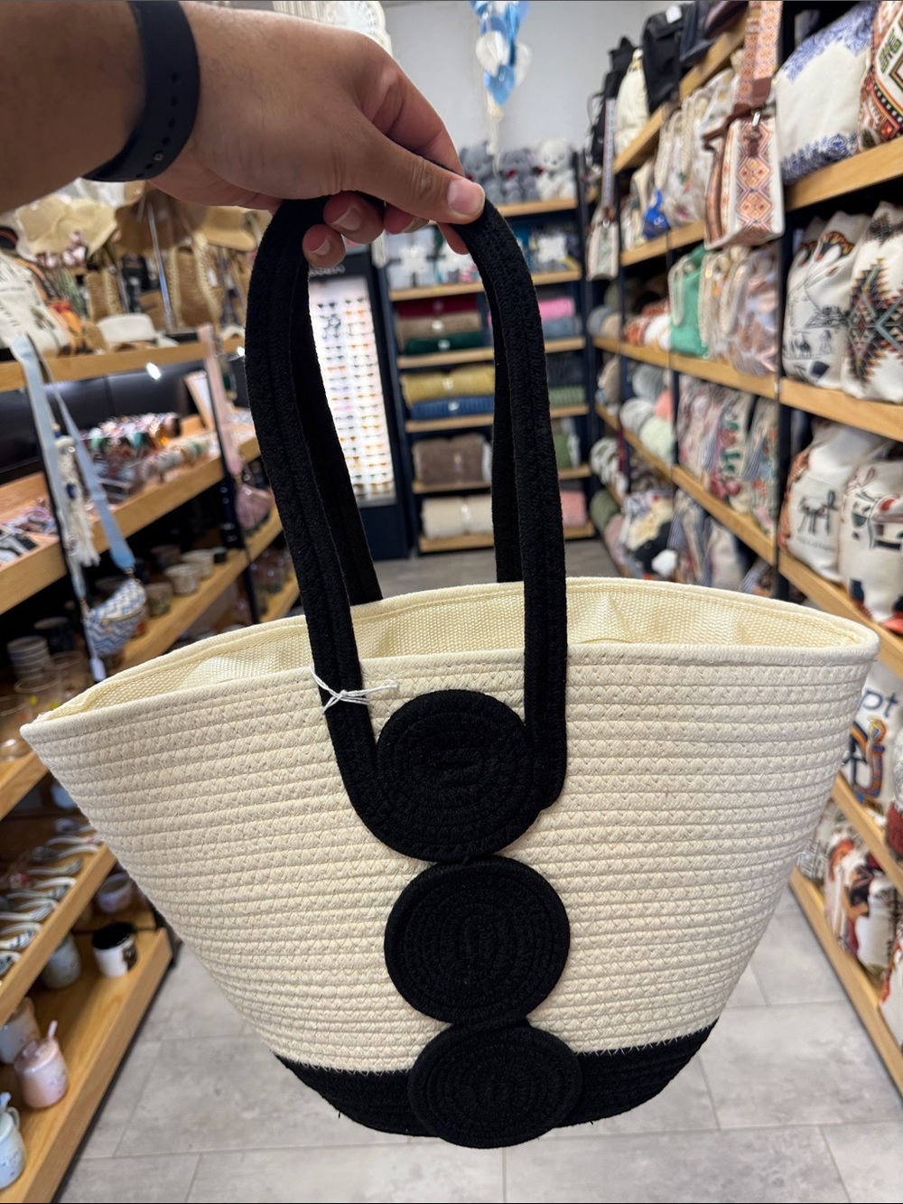 Women’s Two-Tone Cream and Black Straw Tote Bag